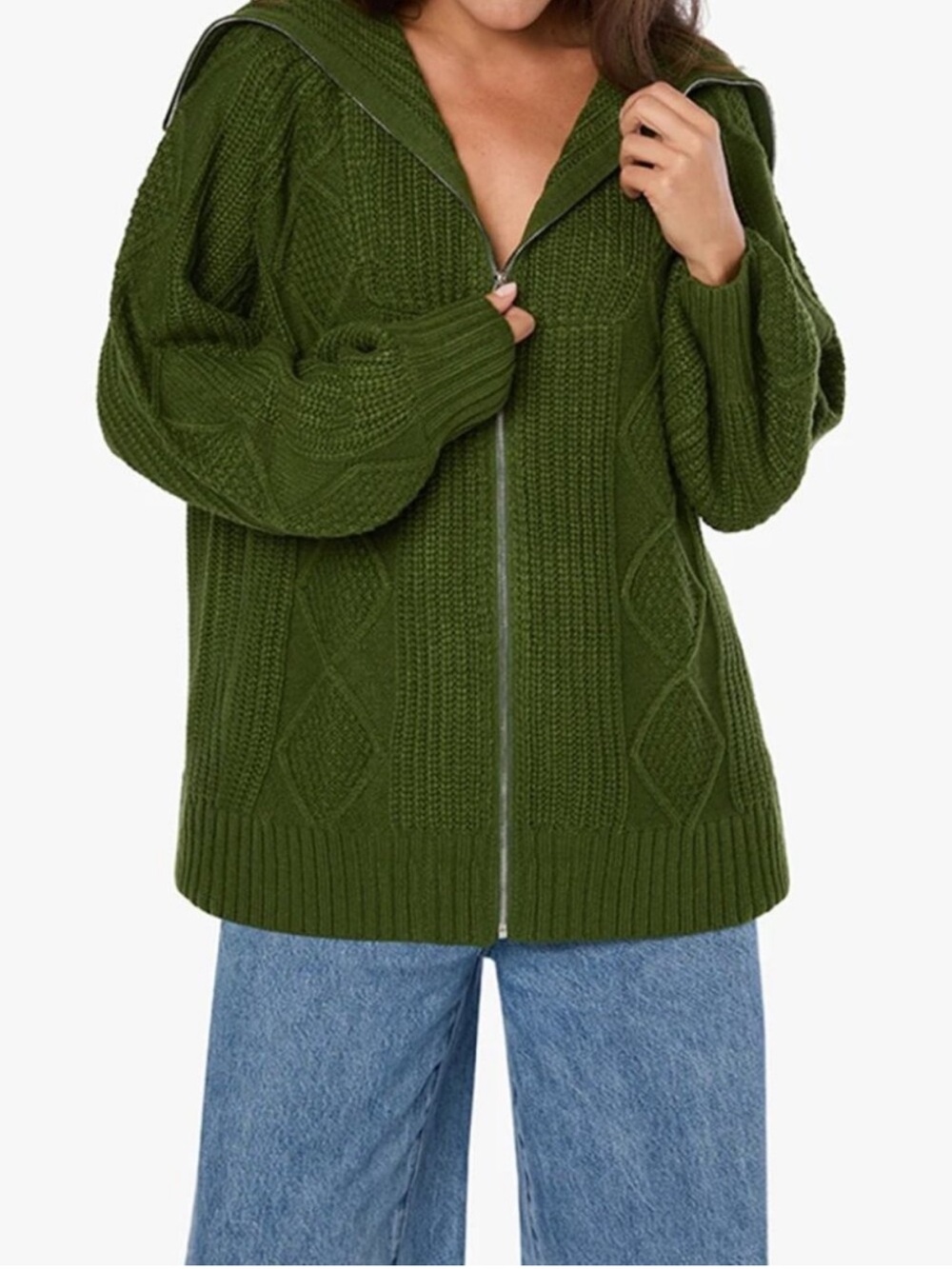 NWT WeWoreWhat Olive Green Cable-Knit Zip Hoodie Cardigan